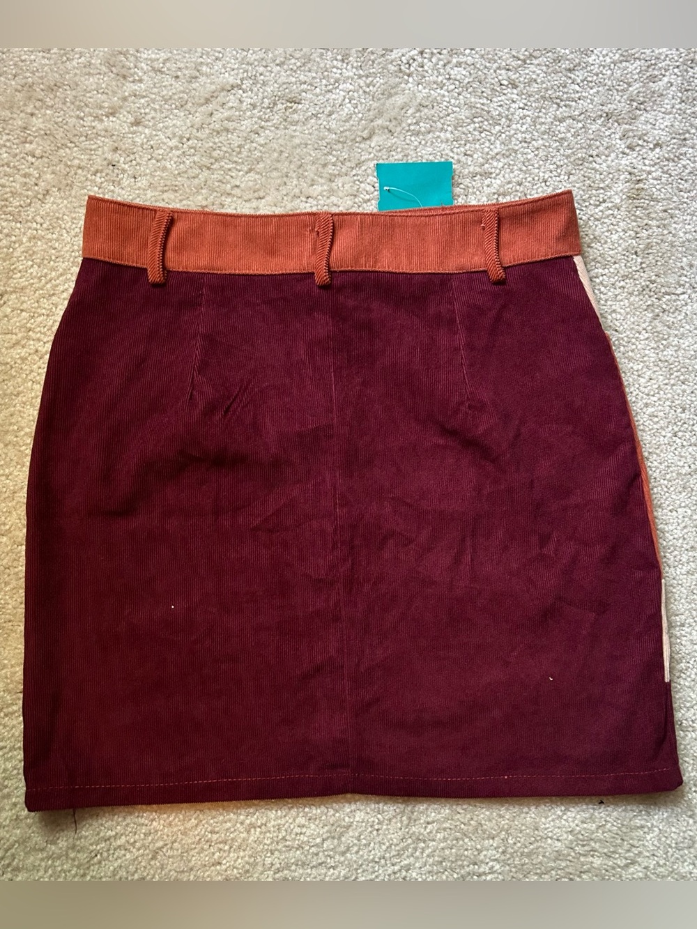 Patchwork Corduroy Mini Skirt in Rust, Burgundy & Beige - Picture 2 of 3